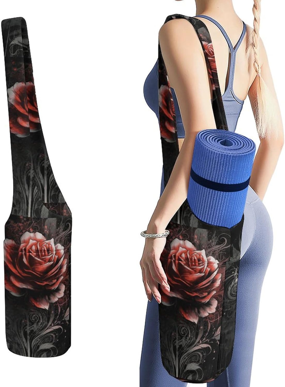 Canvas Yoga Bag,Flat Rose Printed Yoga Mat Handbag,Portable Yoga Mat Bag Large Capacity Gym Bag for Men Women Pilates Beach Travel