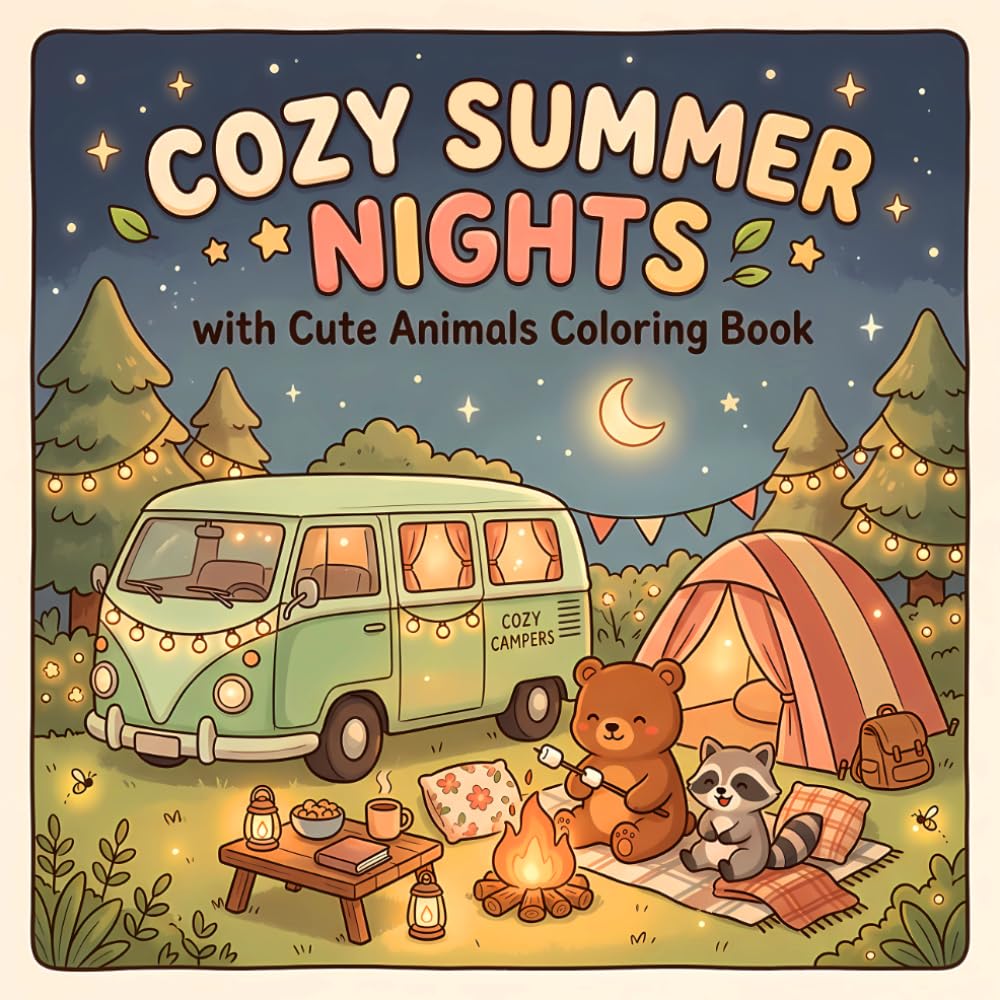 Cozy Summer Nights with Cute Animals Coloring Book: Bold and Easy Hygge Animal Scenes with Campfires and Peaceful Night Vibes for Kids, Teens, and Adults Who Love Cozy Night Scenes