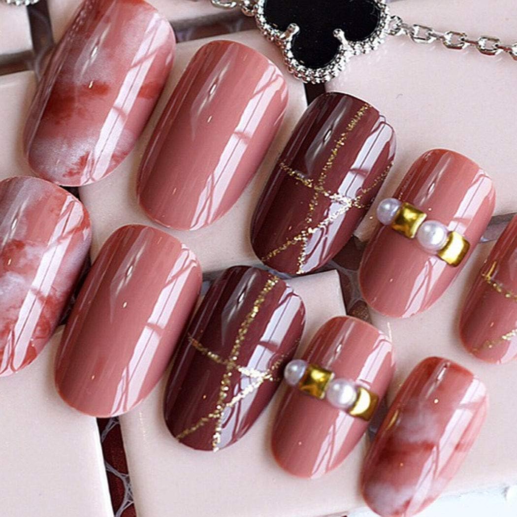 24Pcs False Nails Pink Marble with Pearl Bling Glitter Glossy Art Tips for Women
