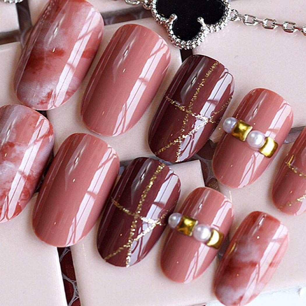 Amazon Com Evazen 24pcs False Nails Pink Marble False Nails With Pearl Bling Glitter Glossy Short Square Nails Full Cover Salon Nails Art Tips For Women Beauty Personal Care