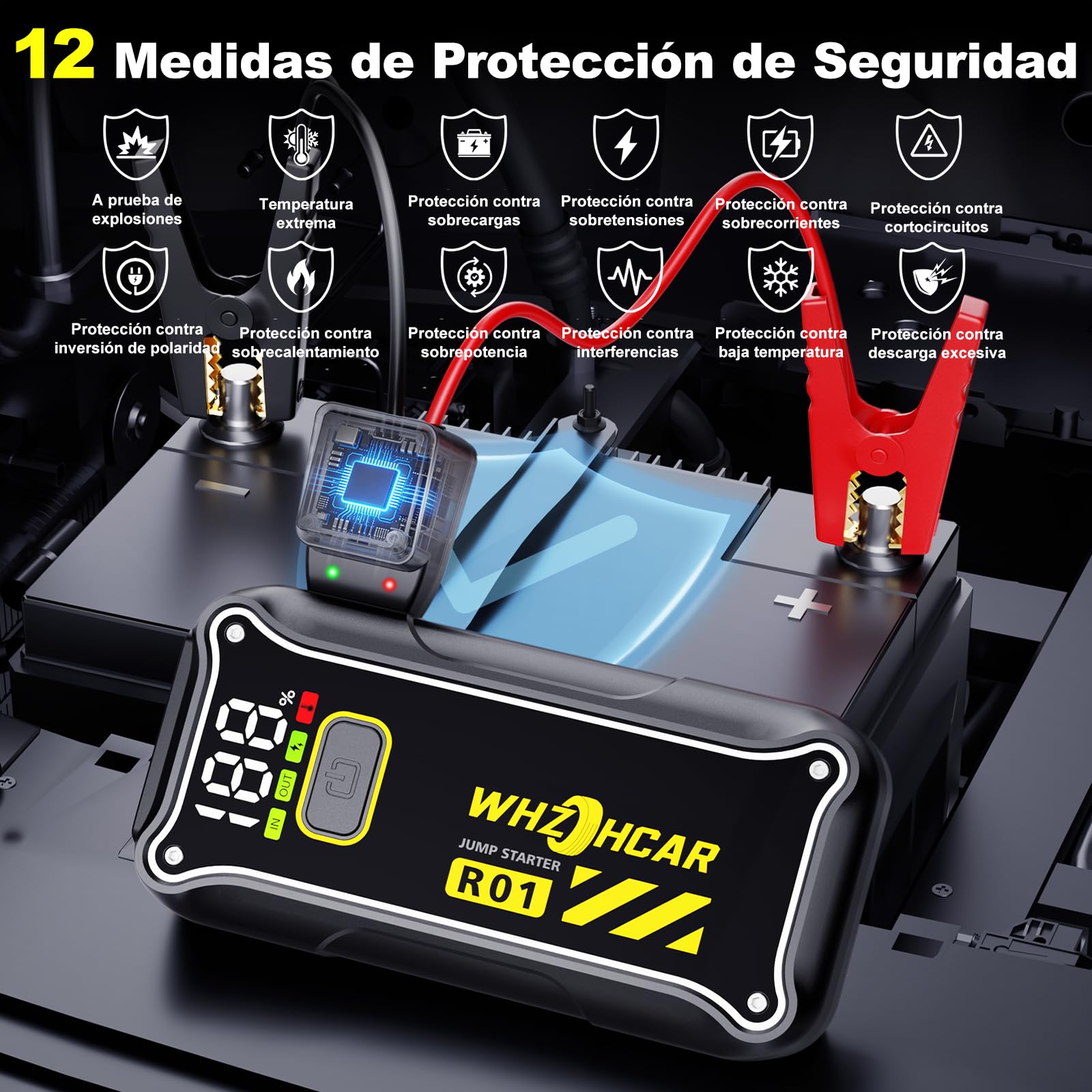 Arrancador de Coches 7000A 12V Arrancador de Baterias de Coche (para 10.0L de Gasolina o 8L de Diésel) Jump Starter Portátil con Linterna LED, USB Carga Rápida, Clips de Seguridad Inteligentes