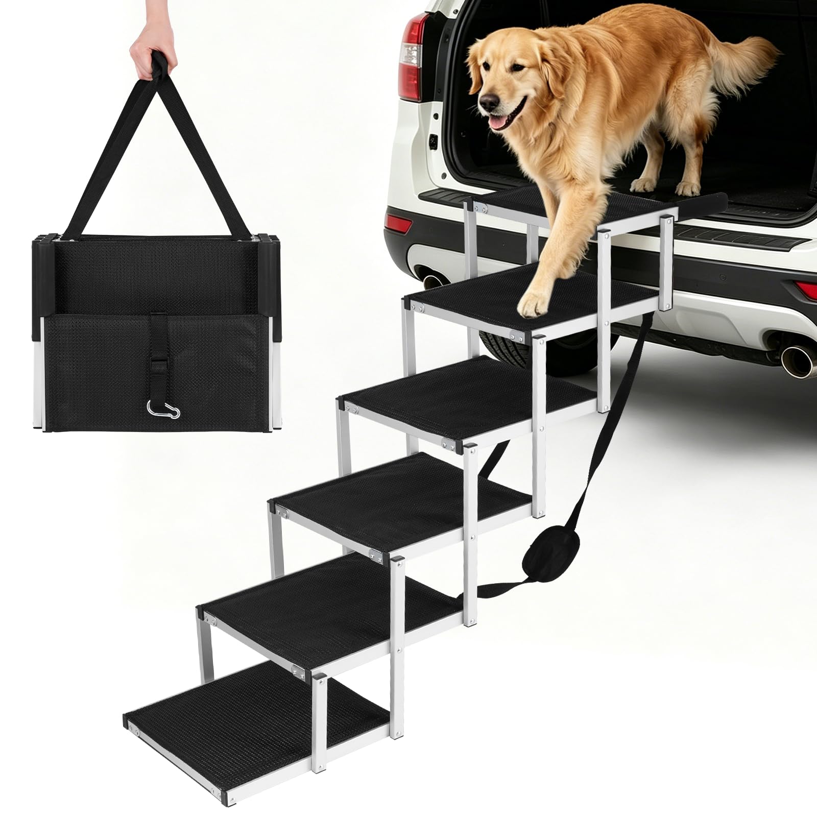 MXBAOHENG Escalera plegable para perros, soporta hasta 70 kg, rampa para perros, marco de aluminio, escalera portátil con antideslizante para perros con problemas articulares (6 peldaños, escalera