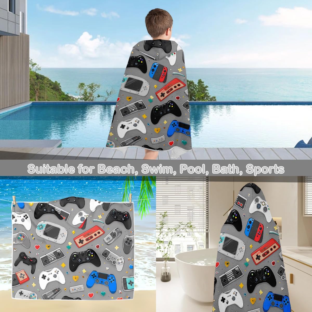 Sleepwish Kids Beach Towel for Boys Girls, Video Game Hooded Bath Towel Wrap, Teens Gaming Controller Pool Towel with Hood (Adults, 1 Piece)