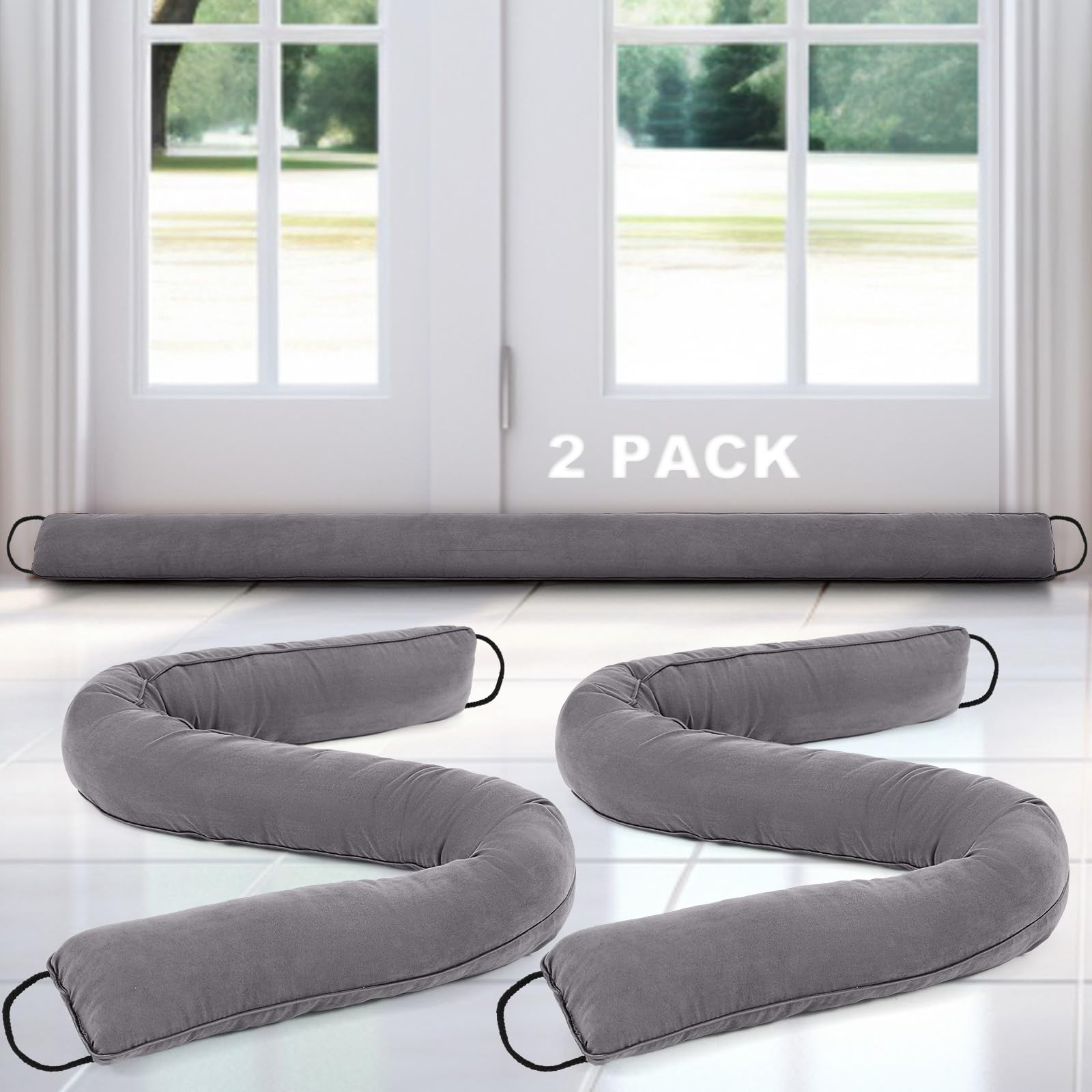 Gisafai 2 Stück 152,4 cm langer Tür-Zugluftstopper unter der Tür, Zugluftblocker, Geräusch-Windstopper für Zuhause, Balkon, Büro, grau