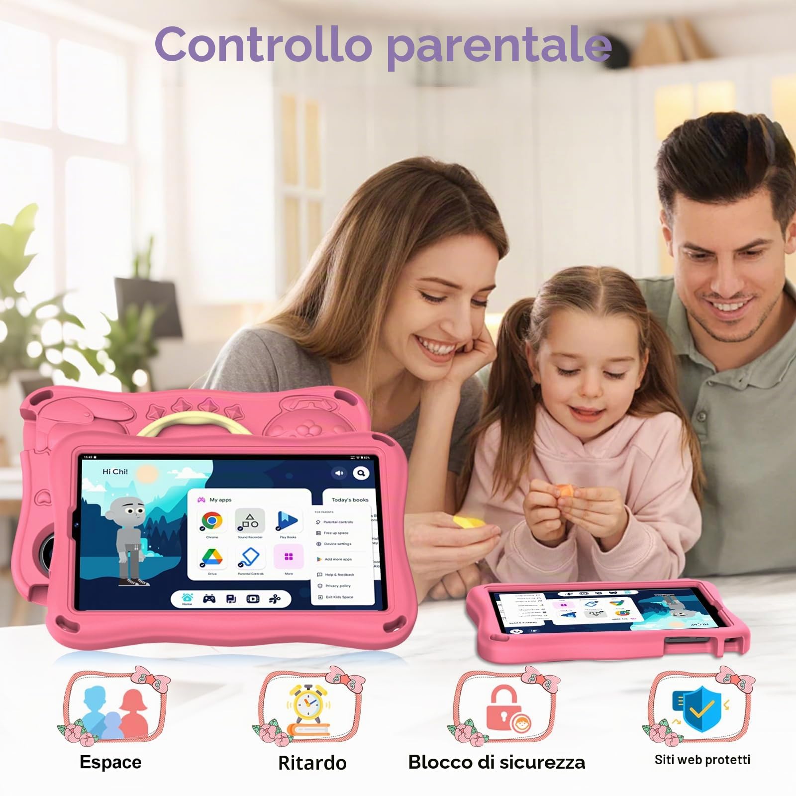 Tablet 9 Pollici Android 15 con Gemini AI, 32GB ROM + Espandibile 2TB, Octa-Core, Widevine L1, WiFi 5G,1340 x 800, BT5.0, Fotocamere 8MP/5MP, 5000mAh, Tablet con controllo parentale – Rosa