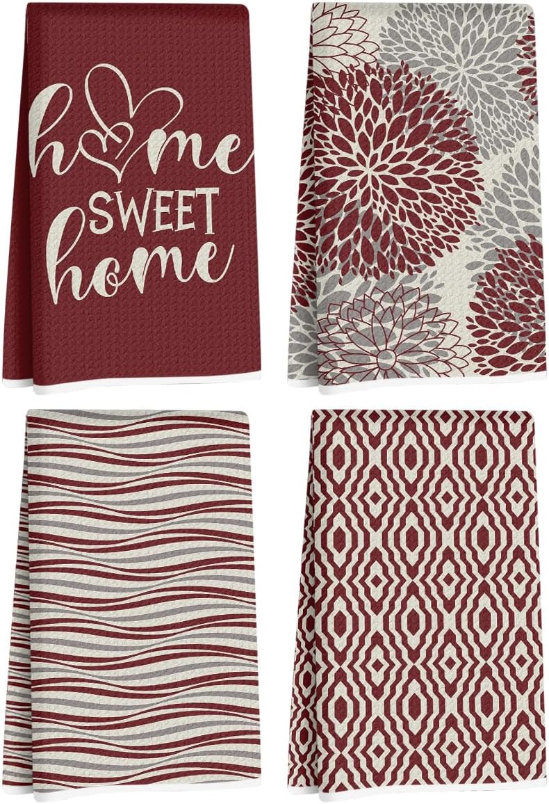 4 Pcs Abstract Artistic Kitchen Towels, Red Flower Absorbent Tea Hand Towel
