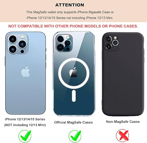 Miniatura 10 de Bocasal Soporte magnético para tarjetas MagSafe, ranuras para tarjetas de cuero con bloqueo RFID, para iPhone 1615141312 ProMaxPlus, billetera