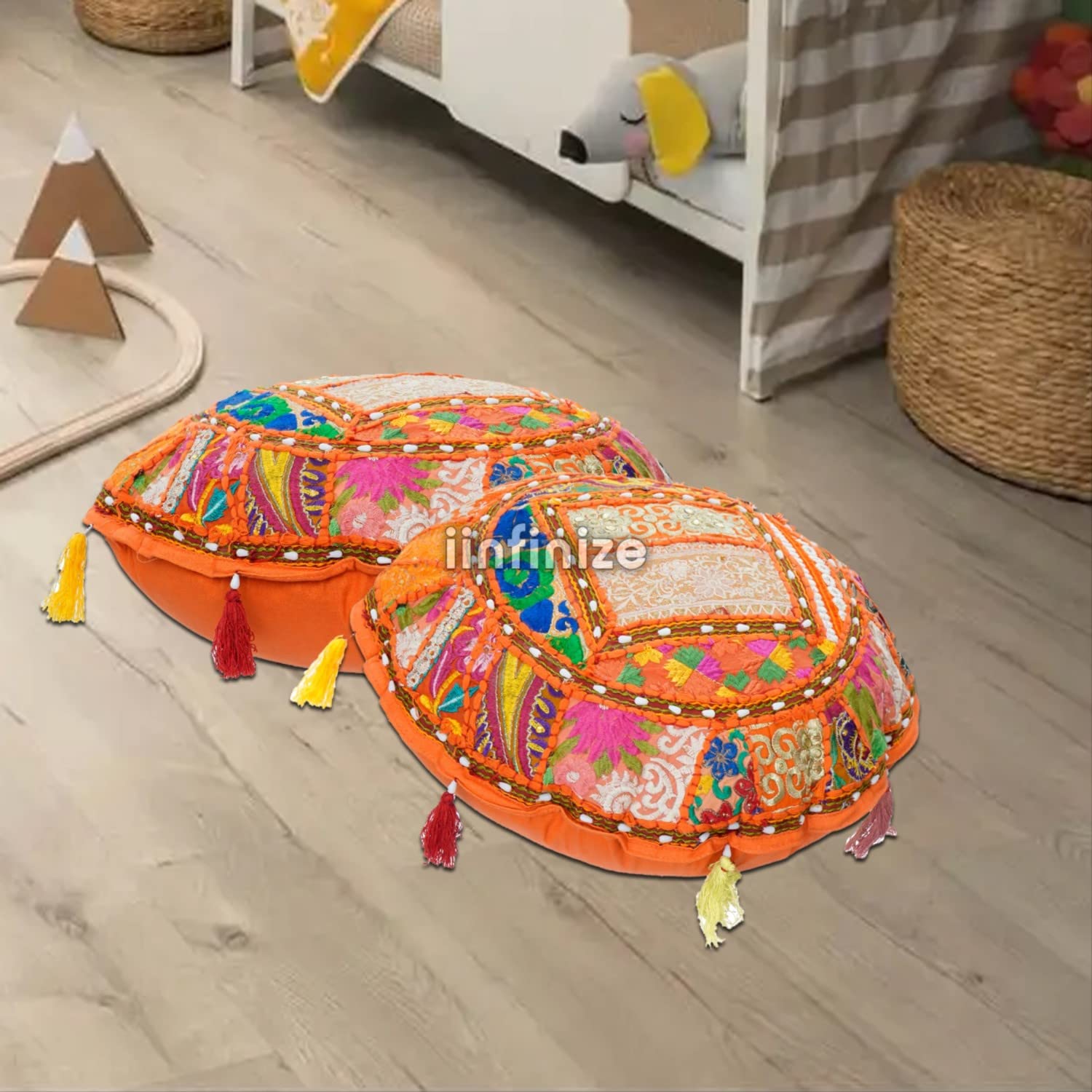 iinfinize Round Patchwork Cushion Cover 18 Inch Khambadiya Vintage Pillow Case Handmade Decorative Rajasthani Pillow Case Traditional Cushion Set of 2 (Orange) (B0D29HVZ5F) Amazon Price History, Amazon Price Tracker