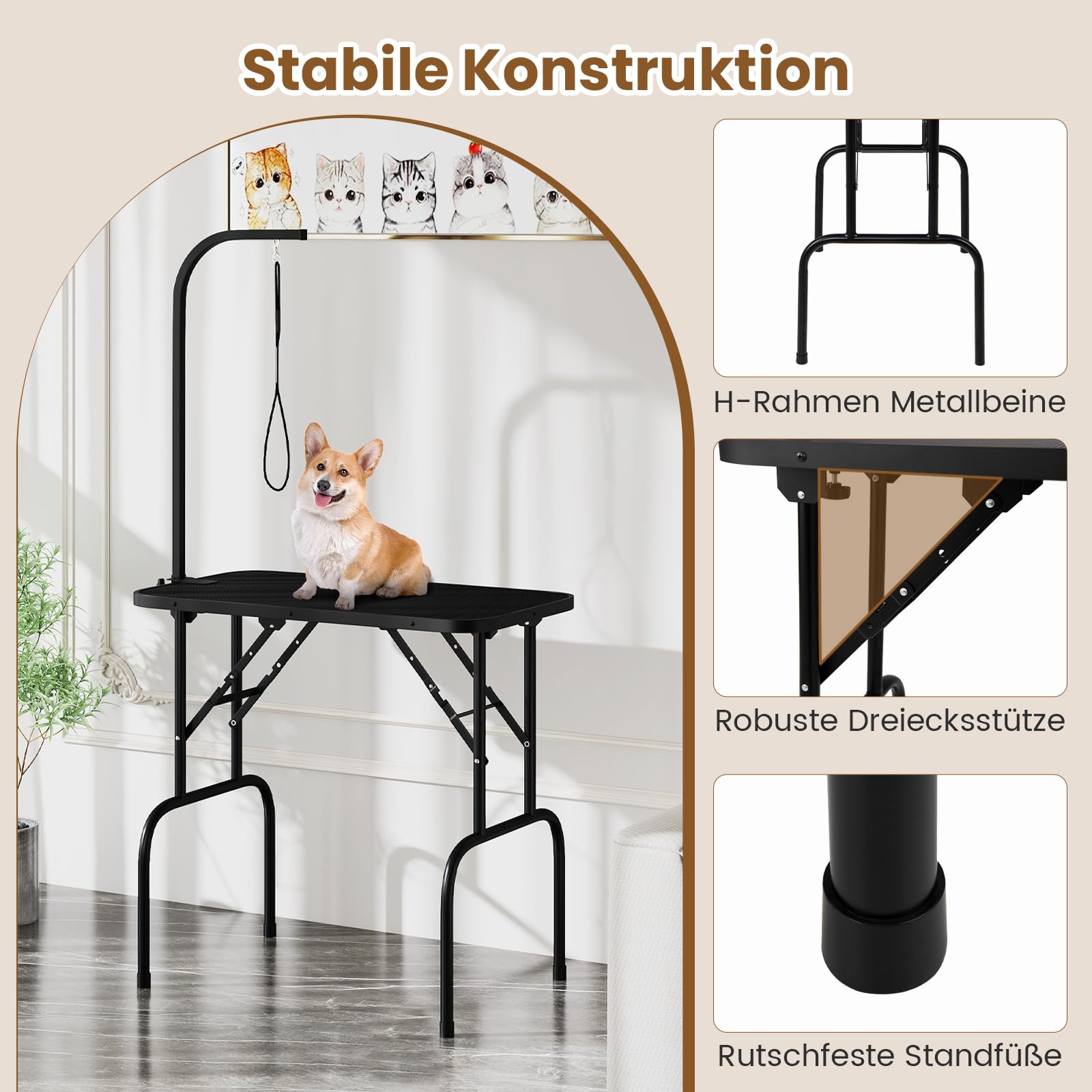 GYMAX klappbarer Schertisch, robuster Trimmtisch für Haustiere mit höhenverstellbarem Arm & rutschfeste Platte, Frisiertisch für Hund & Katzen, 80,5 x 46 x 148 cm