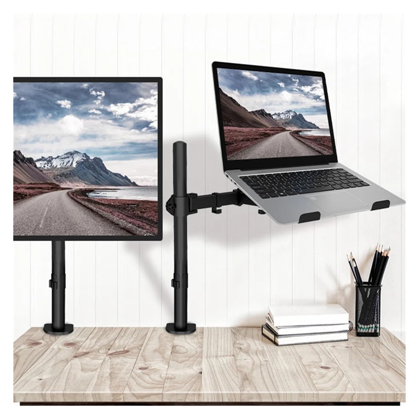 Supporto da scrivania Regolabile per Monitor con Vassoio per Laptop Fino a 17" e schermi Fino a 32".，
