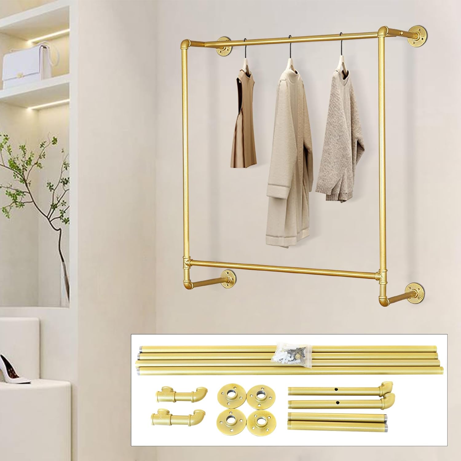 Gold Wall Mounted Clothes Rack, Industrial Pipe Garment Rack Hanging Rod Bar for Closet Storage,Laundry Room Up to Max Load 110lbs