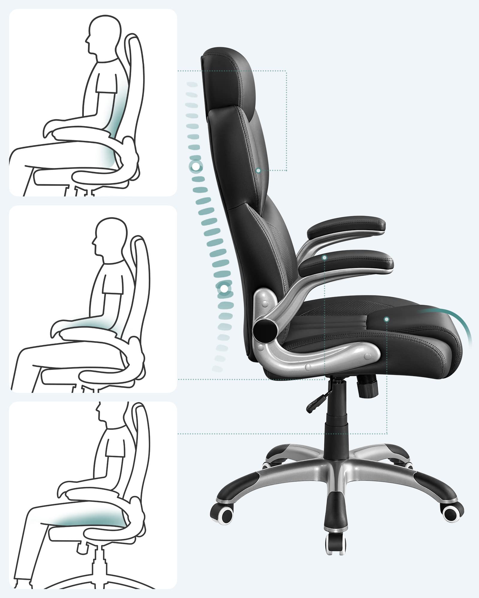 SONGMICS Chaise de Bureau, Fauteuil Gamer Ergonomique, Siège, Mécanisme à Bascule, Accoudoirs Pliables, roulettes Pivotantes, Hauteur Réglable, Chaise E-Sport, Noir d'encre OBG65BK