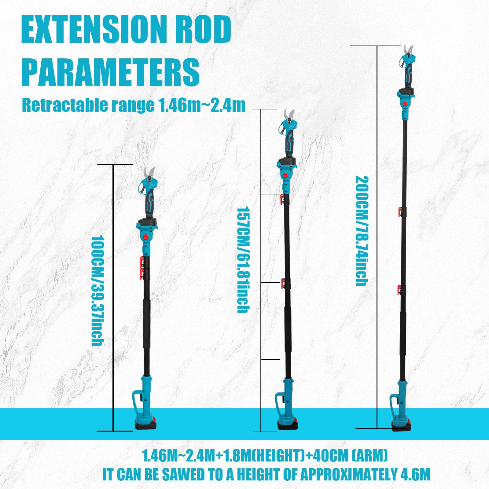 Motosierra Eléctrica-Tijeras de Podar Electricas, 4 en 1 Kit de Herramientas de Jardín,Sierra de Podar Telescópica,Longitud 1-2m y ángulo 180° Ajustables Altura de Trabajo Hasta 4.5m