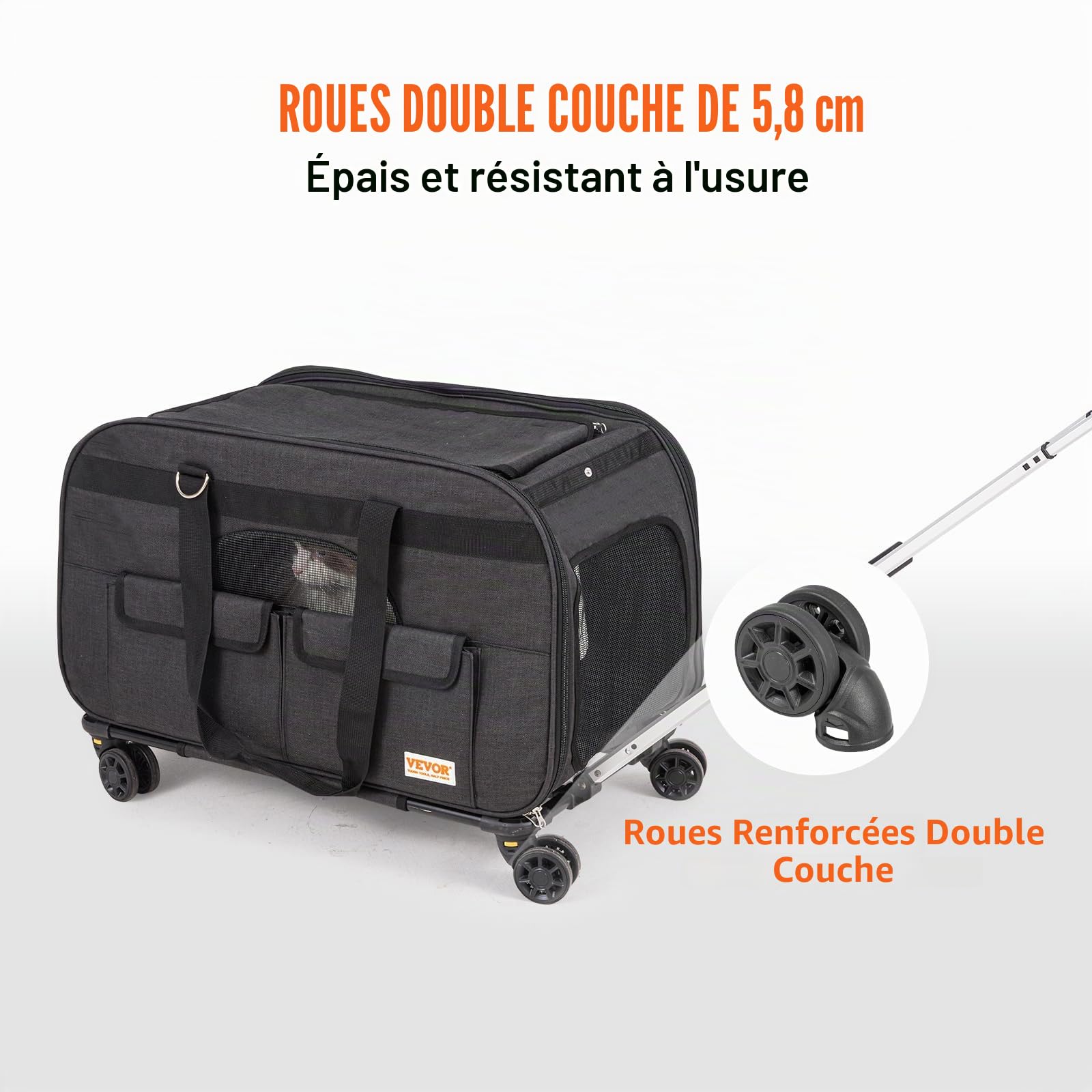 VEVOR Sac à Roulettes pour Chat Chien 15,8 kg Sac de Transport Chats Poignée Télescopique Bandoulière Gamelle Pliable Transporteur Roulant Fermeture Éclair Autobloquante pour Animaux de Compagnie Noir