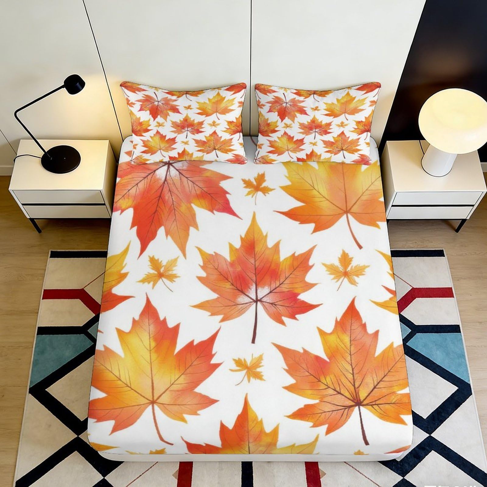 3D Printed Autumn Leaves Fitted Sheet Microfiber Soft Breathable Maple Leaf Bed Cover for Bedroom Dormitory Guest Room Mattress Protection Decor 160x200x25cm