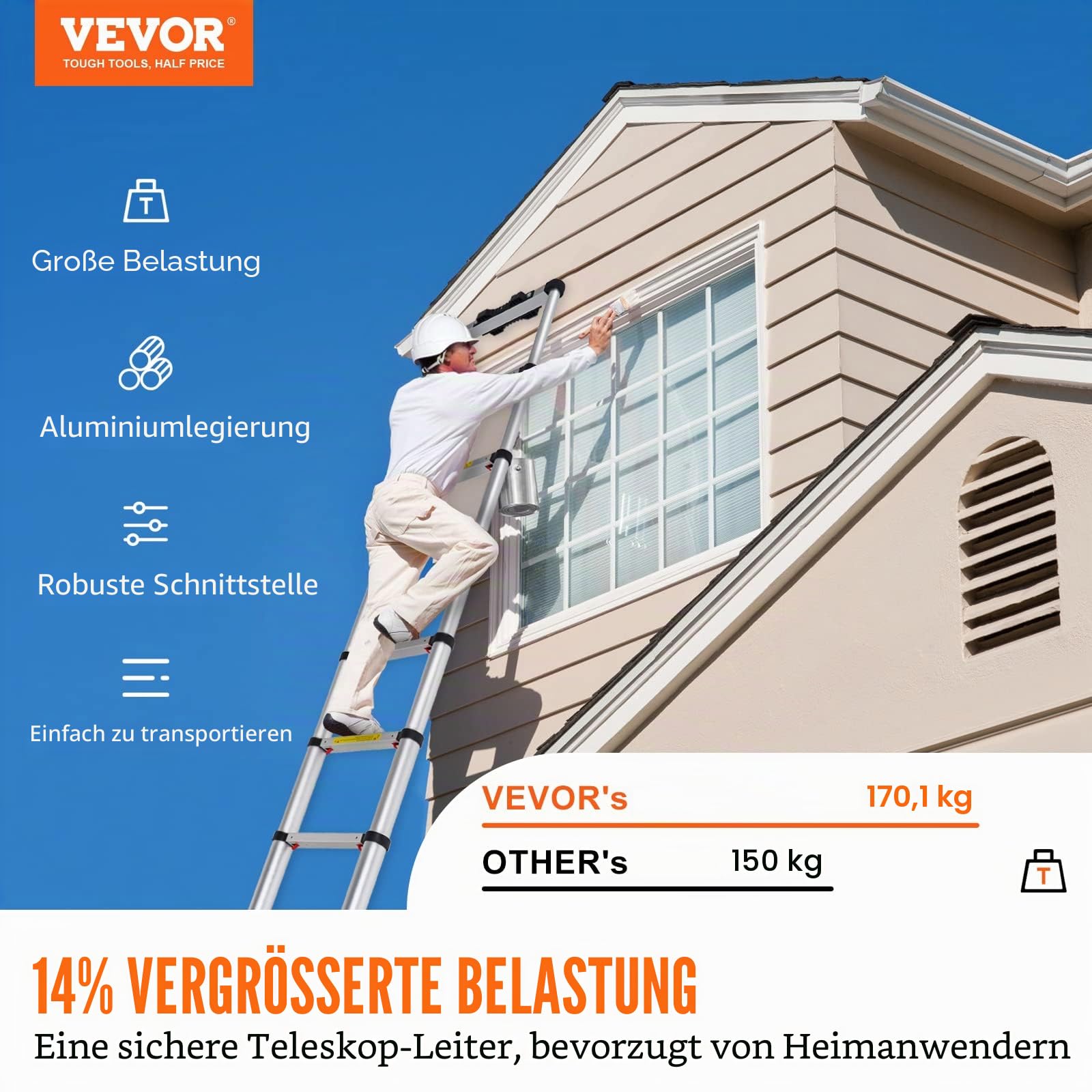 VEVOR 3,2m Teleskopleiter Rutschfester Klappleiter 48x9,5x76,5cm Stehleiter EIN-Knopf-Rückzug Mehrzweckleiter Aluminiumlegierung 170kg Belastbarkeit Ideal für Hausreparaturen Dekoration Wandanstrich