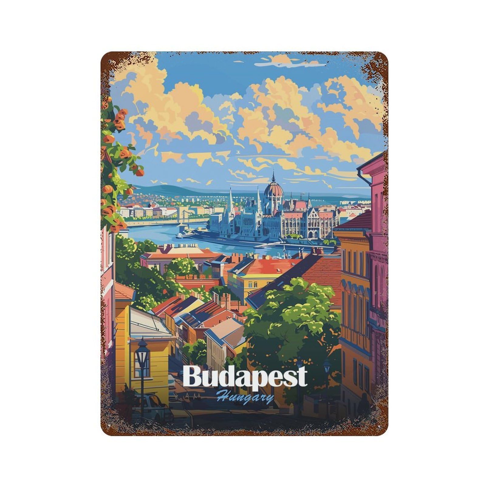 Budapest, Hungary Cityscape Illustration Vintage Wall Sign 15.7"x11.8", Rust Effect Metal Decor for Bistro, Counter And Cafe Decor