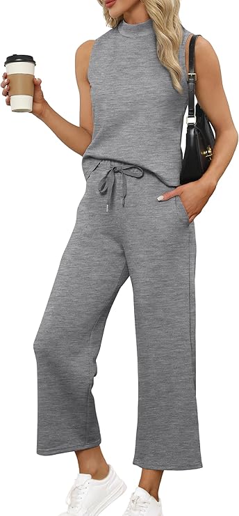 Two Piece - Mock Neck Top - Wide Leg Crop Pants