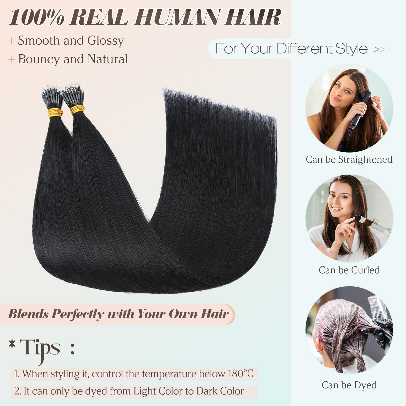 Benehair Nano Loop Hair Extensions Soft Invisible Straight Real Remy Human Hair #1 Jet Black Nano Bead Extensions 50 Strands - Image 4