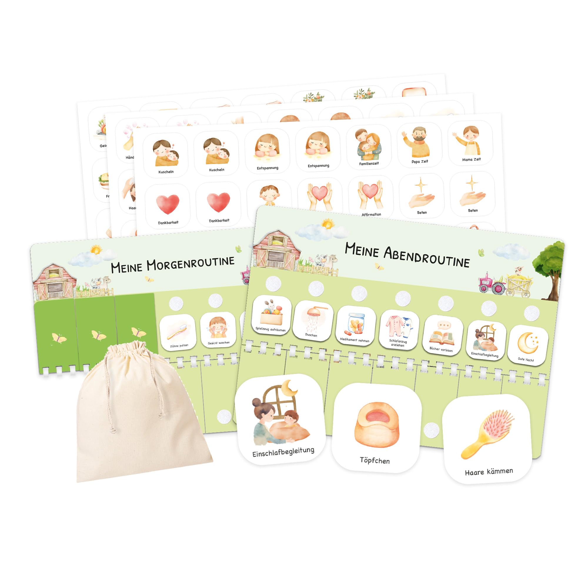 Routine Planer Kinder für Morgenroutine und Abendroutine - Routineplaner, Tagesplan Kinder mit Klett-Punkten und 105 Symbolkärtchen, Montessori Planer, Routinehilfe zum Umklappen (Bauernhof)
