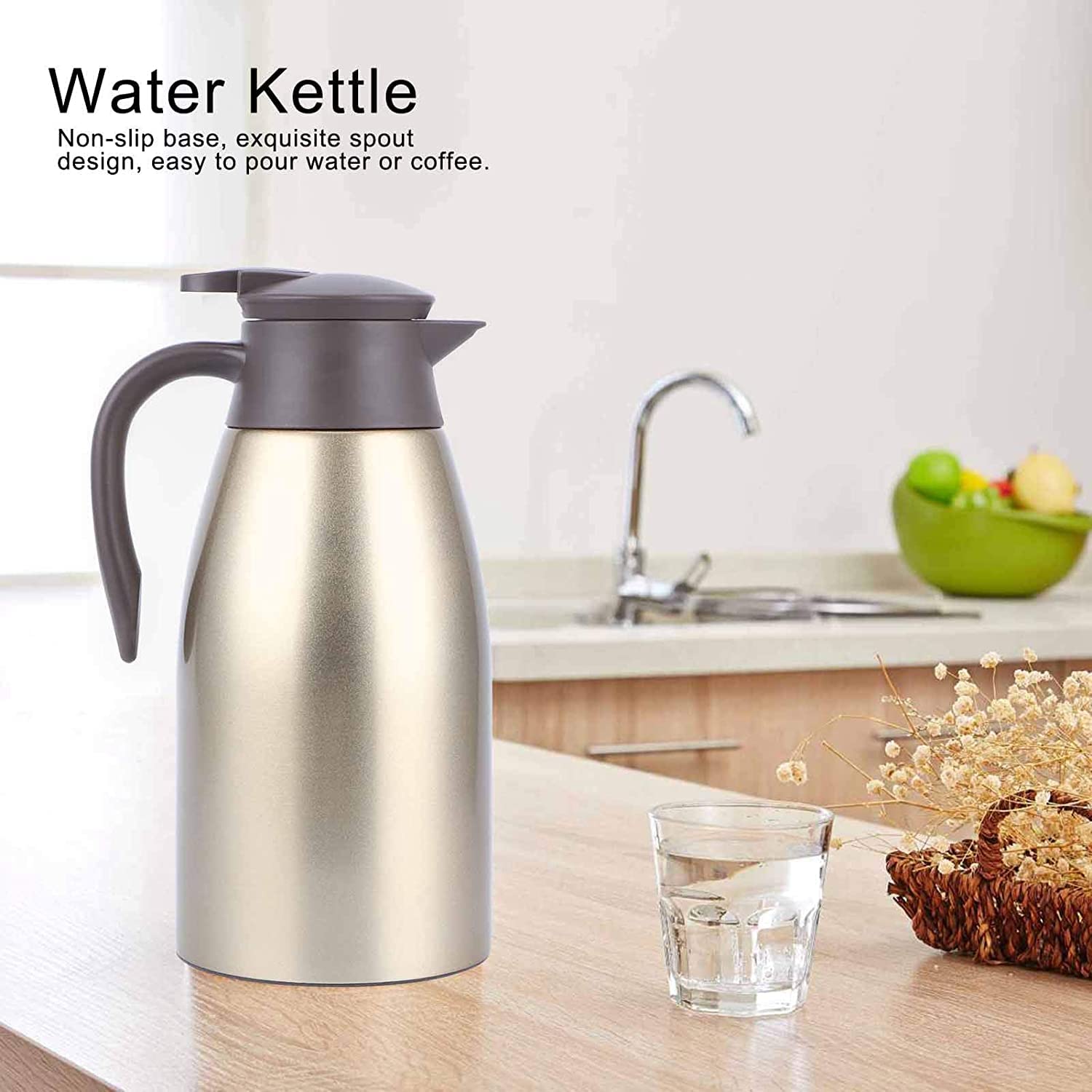 Thermos - Thermos da 2 l, in acciaio inox, con chiusura a punta rapida, per tè e caffè, colore: oro
