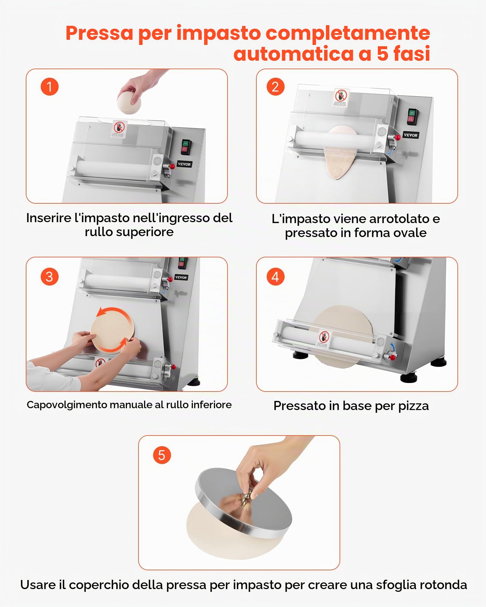VEVOR Pressa Elettrica per Pizza, Piastra per Pressa per Pasticceria 355,6 mm,390 W, Acciaio Inox, Macchina Formatrice con Spessore Regolabile e Coperchio per Pressa per Pasta, 260 Pezzi/Ora