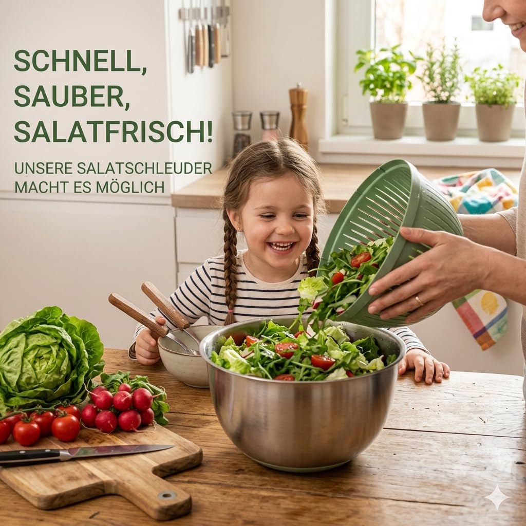 Salatschleuder Edelstahl 5L – Groß mit Kurbelantrieb, rutschfestem Boden & Ausgussfunktion – Spülmaschinenfest, BPA-frei – Salatschleuder Groß für Familien & Gemüse