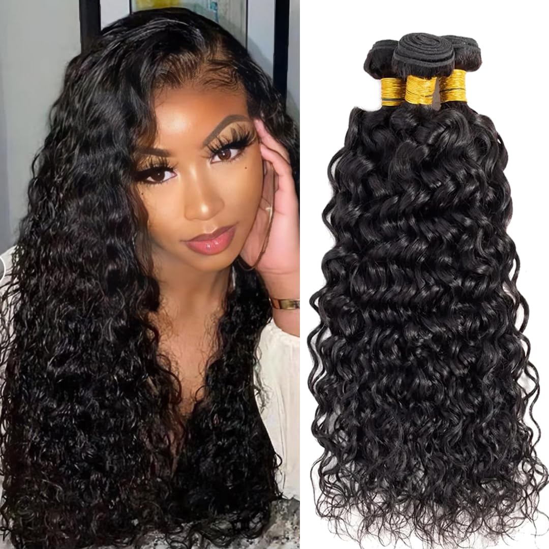 Water Wave Bundles Human Hair 14 16 18 Inch Curly Human Hair Bundles 3 Bundles 100% Unprocessed 12A Brazilian Virgin Hair Natural Color for Black Women