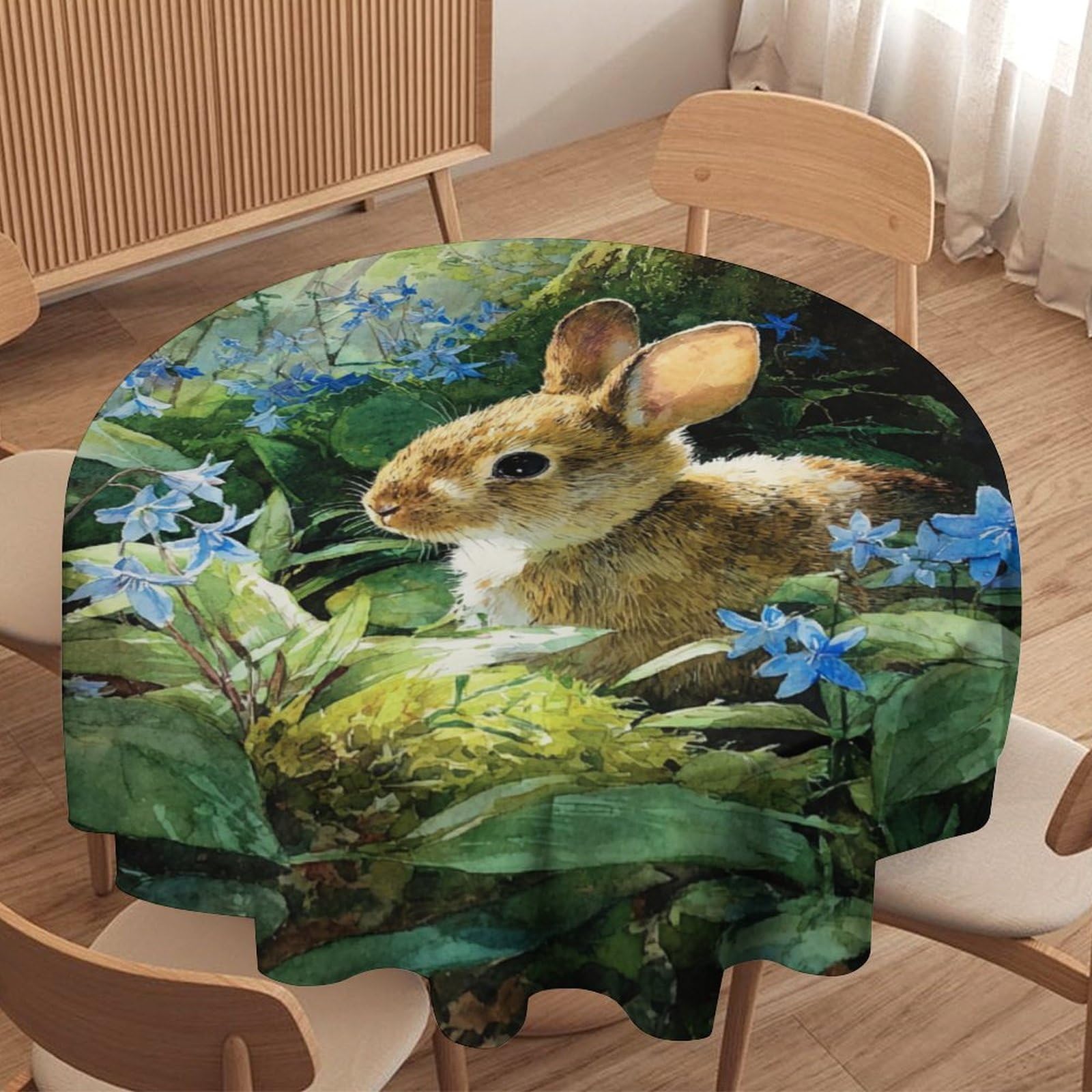 LUYYSKY Beautiful Colorful Cute Rabbits Waterproof Round Tablecloth Retro Watercolor Art Spring Forest Plants Flowers Animals Bunny Patter Washable Table Cover for Kitchen-127 Wx127 L cm