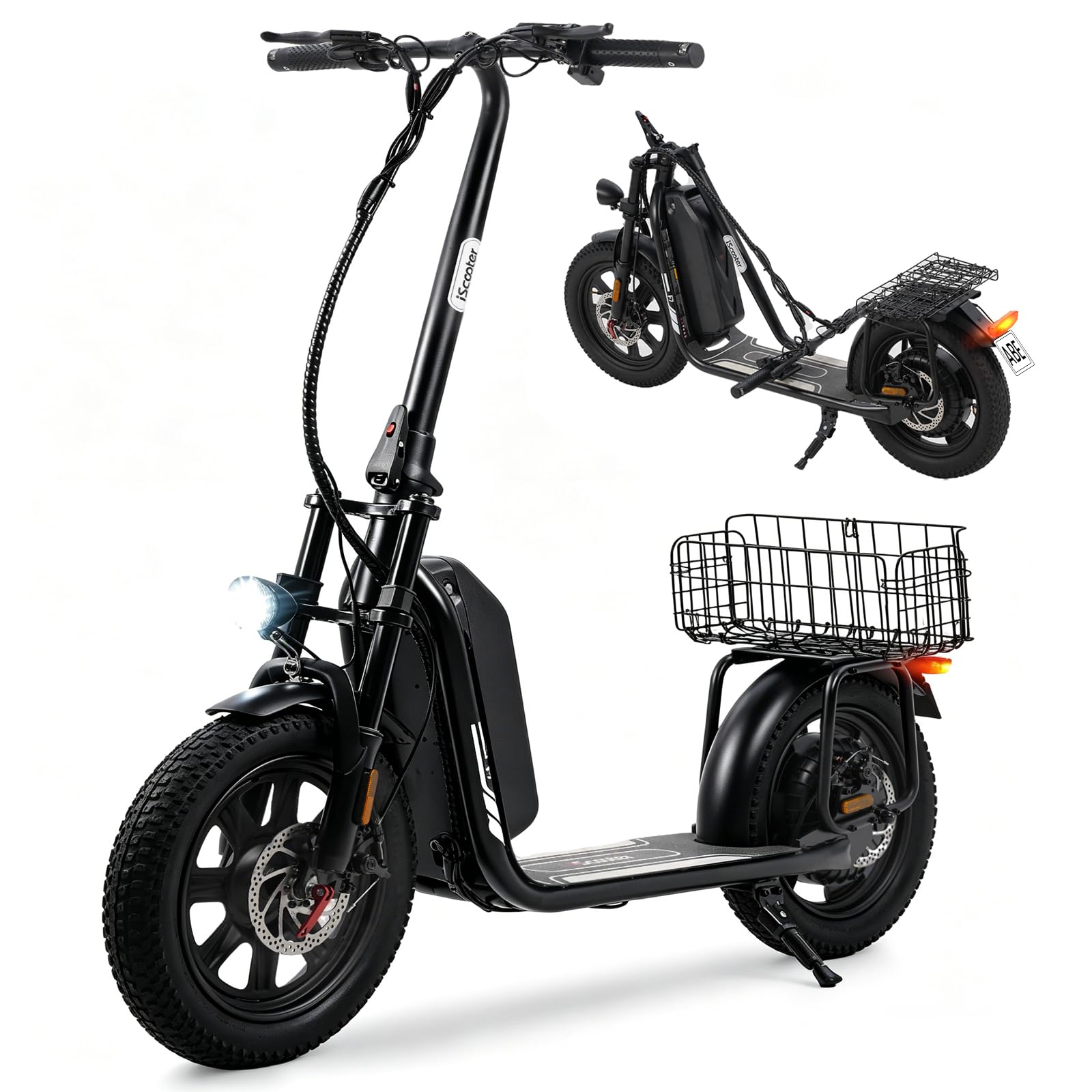 iScooter F7 E Scooter mit Straßenzulassung, 500W Motor, 20 km/h Höchstgeschwindigkeit und 100Km Max Reichweite, 16 × 3.0 Zoll Fat Tire E Roller mit Klapprad Korb und Lenker, Elektroroller mit App