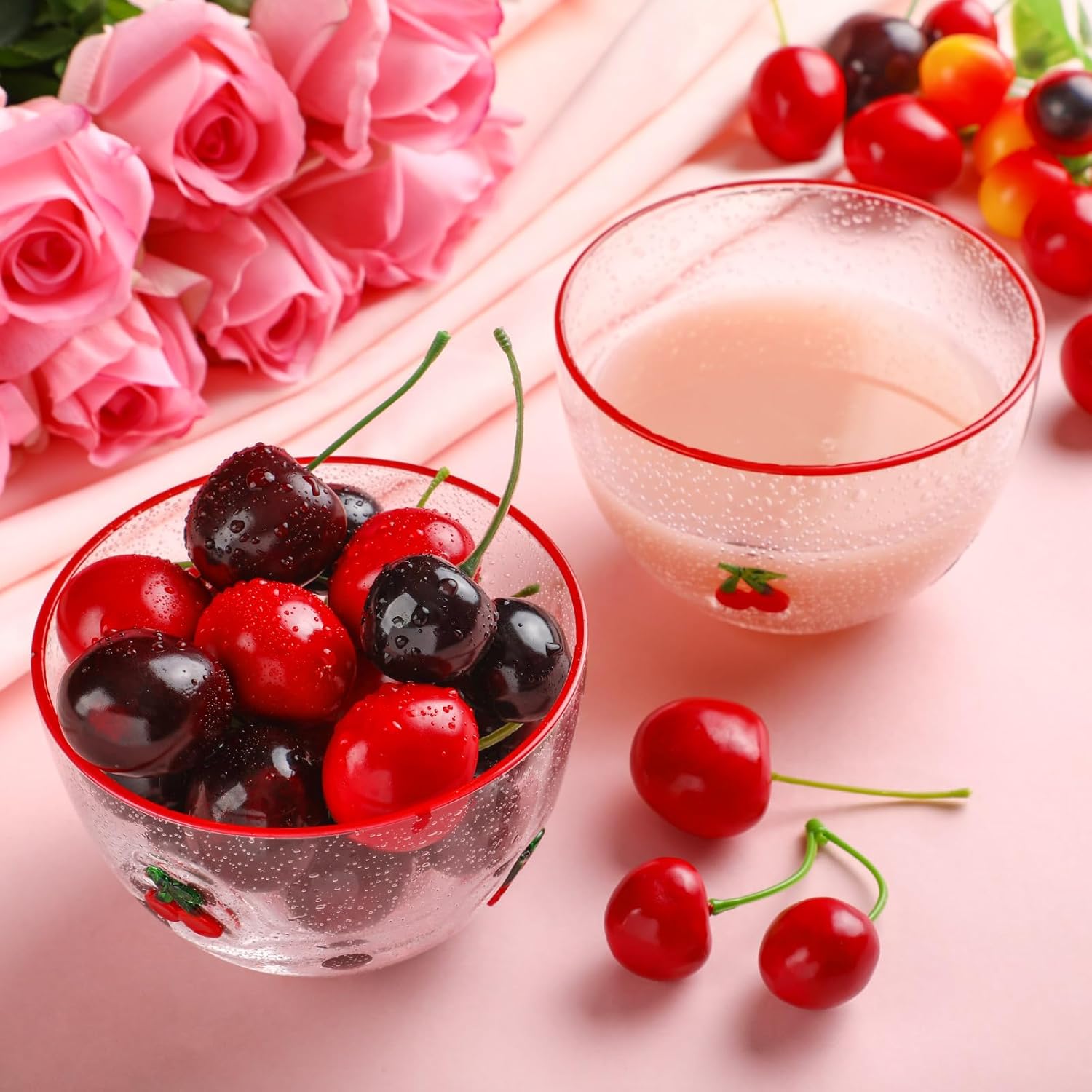 Potchen 2 Pcs Cherry Glass Candy Bowls, 14oz Spring Summer Red Icon Glasses Dish Fruit Dessert Clear Bubble Serving for Office Desk Kitchen Gifts Party Favors Table Decoration
