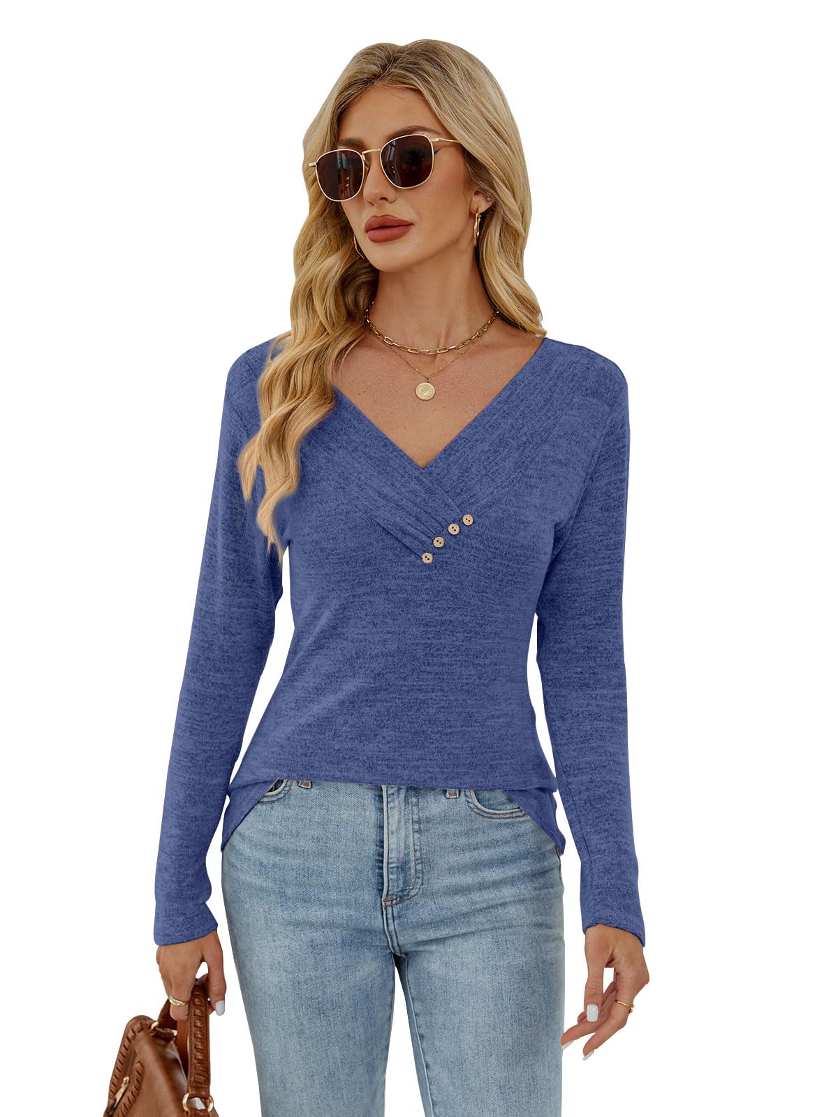 Damska koszulka z długim rękawem, dekolt w kształcie litery V, długi rękaw, elegancka, na jesień, basic, tunika, t-shirty, guziki, bluzki na co dzień