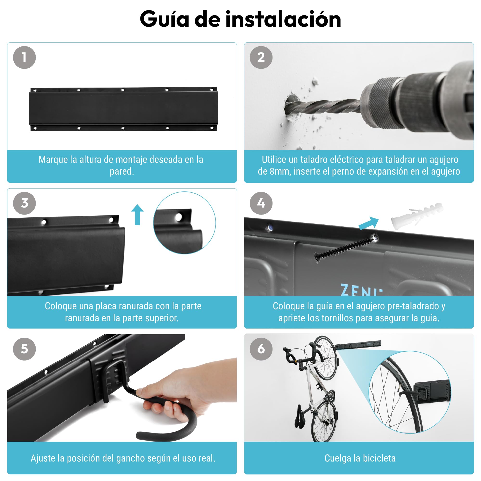 ZQ - Soporte bicicleta pared y soporte bicicletas pared | Gancho bici con 4 ganchos para bicicletas, 3 para cascos y capacidad 136 kg | Incluye pegatinas protectoras