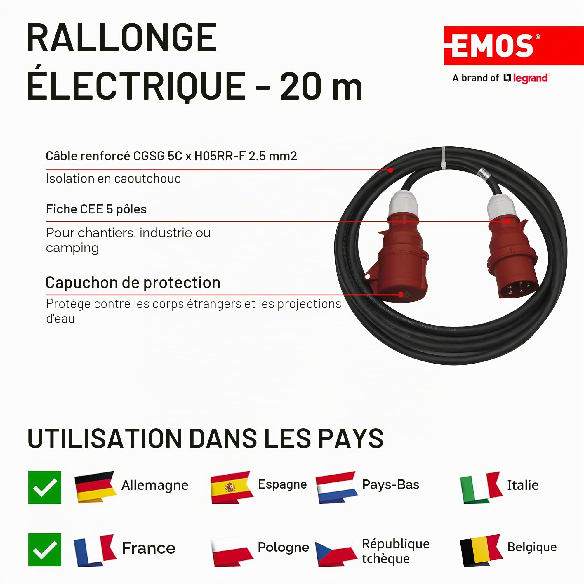 Rallonge électrique 5 Broches - 20 m - 5 x 16 A - 400 V - 3 Phases - 2,5 mm - IP44 - Noir