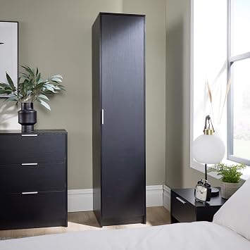 Home Source Phoenix Wardrobe with 1 Door | 180cm Tall Black| Hanging Rail & Storage Shelf | Contemporary Bedroom Furniture | 40D x 48W x 180H cm