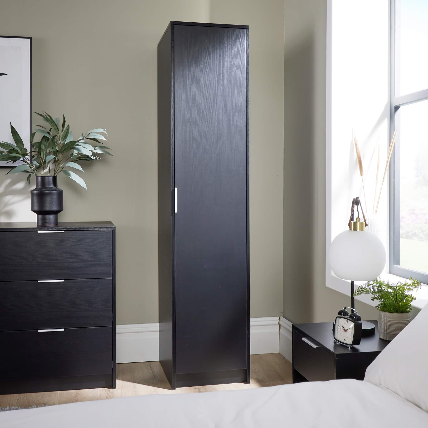 Home Source Phoenix Wardrobe with 1 Door | 180cm Tall Black| Hanging Rail & Storage Shelf | Contemporary Bedroom Furniture | 40D x 48W x 180H cm