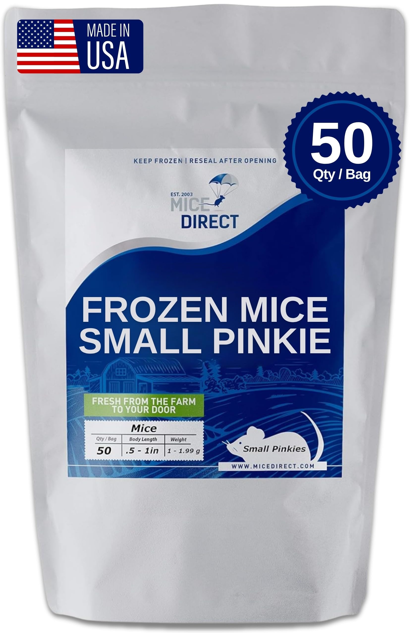 MiceDirect Frozen Mice Small Pinkie Feeder Snake Food for Corn Snakes Ball Pythons Lizards (.5-1 inch)(50 Count)