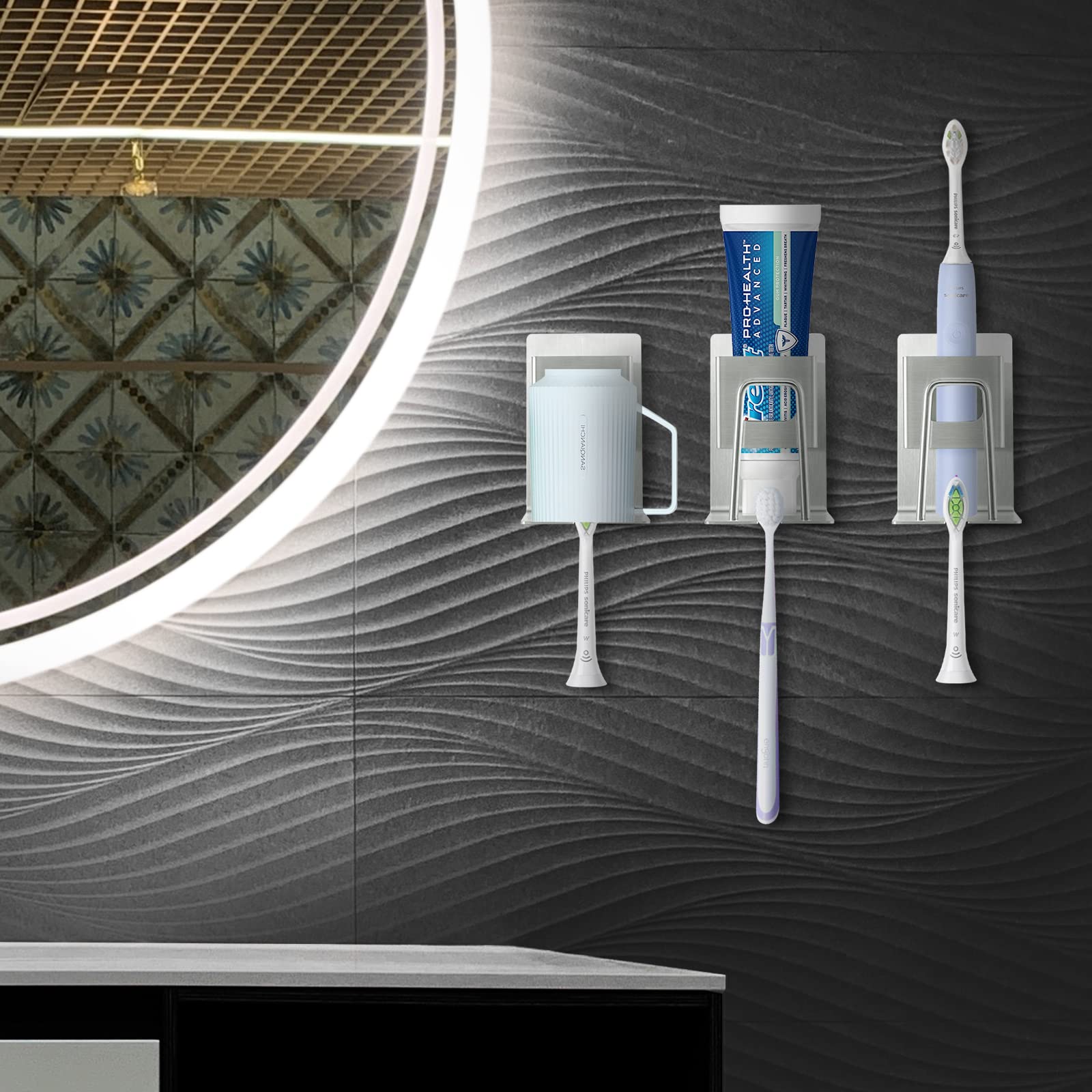 Porte-brosse à Dents Mural - Avec Support Dentifrice - Pour Brosses électriques Et Manuelles - Adhésif Ou Vis - Noir
