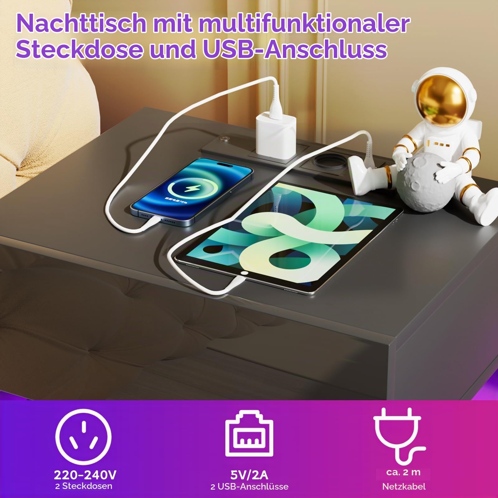 Nachttisch mit Steckdose, 2 AC Steckdosen, 2 USB-Anschlüsse, Nachtschrank 16 Farblicht, Beistelltisch mit Verstellbarer LED-Beleuchtung, 2 Schublade Hochglanz, Modern 45x35x46cm
