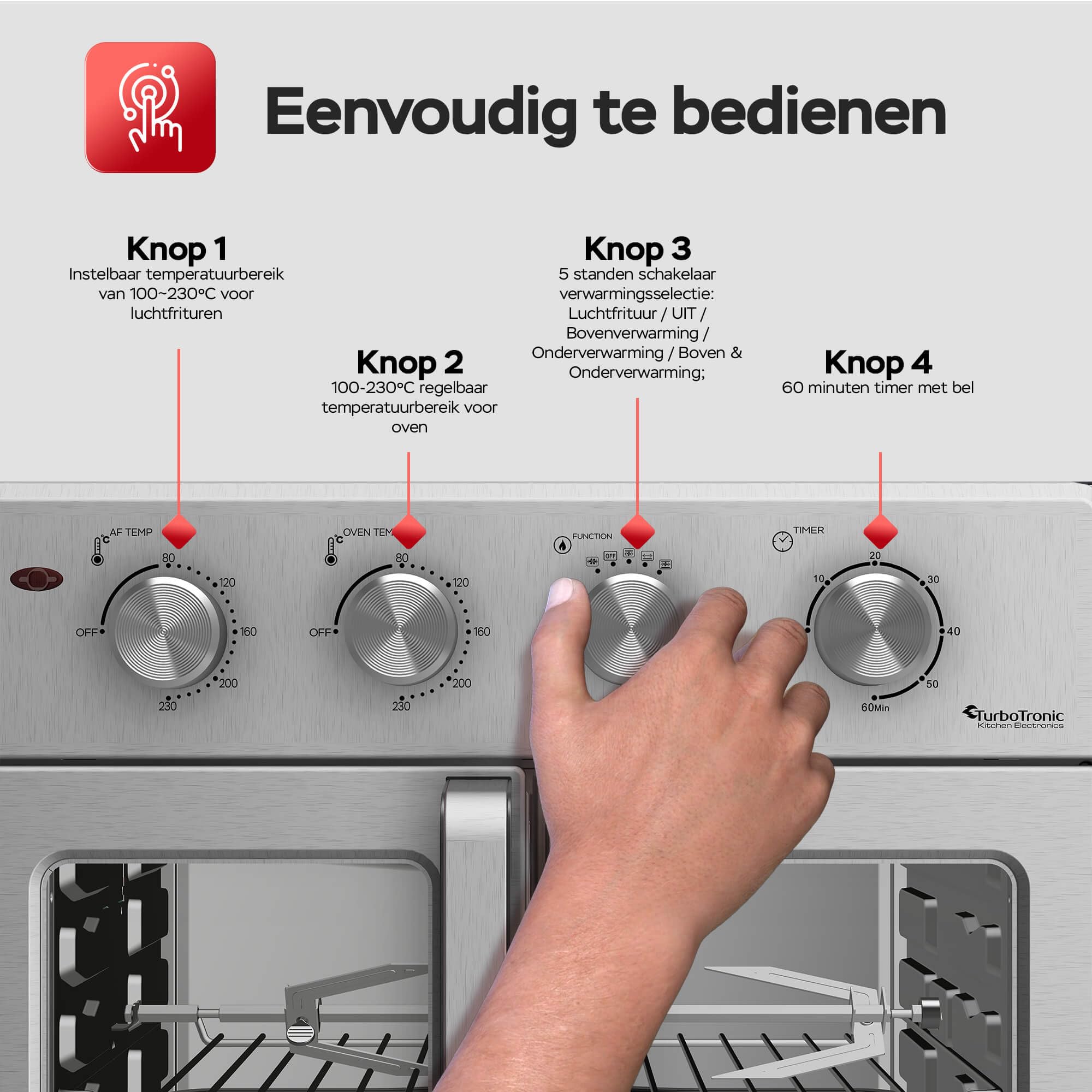 TurboTronic digitaler Heißluftofen - XXL 32 Liter mit Drehspieß für Hähnchen 4in1 Mini Backofen & Power Heißluftfritteuse Airfryer ab 80°C