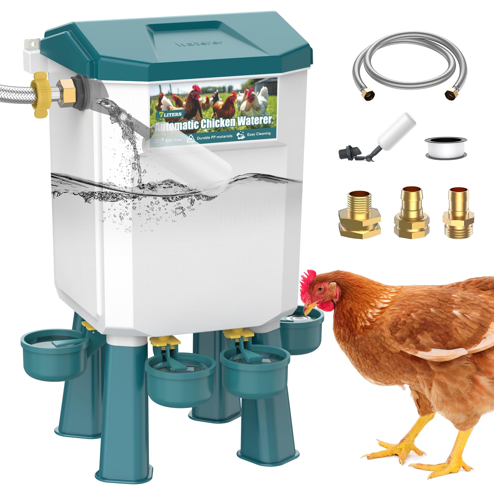 CHAMUTY Abreuvoir Poules Automatique 7 Litres avec Pieds, 4 Bols, Flotteur Filtré Contrôlé, Tuyau en Acier Inoxydable de 1,5 m, Distributeur Eau Poule Automatique Pour Canards, Oies, Dindes et Pigeons