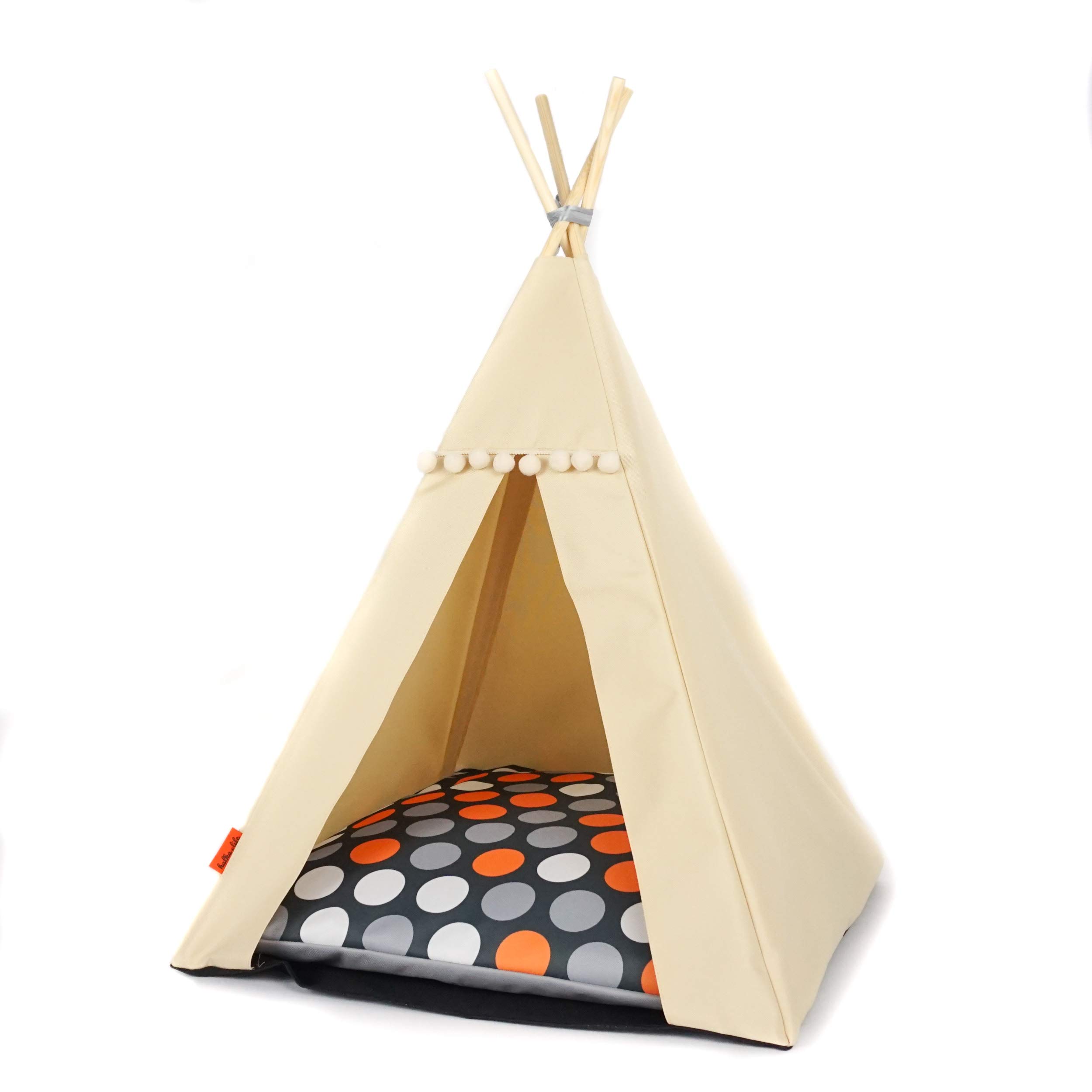 Halkalife Dog Teepee with Pompons - Waterproof Dog Tent and Puppy Luxury Nest, Wigwam, House (L, Beige, Orange Dots)