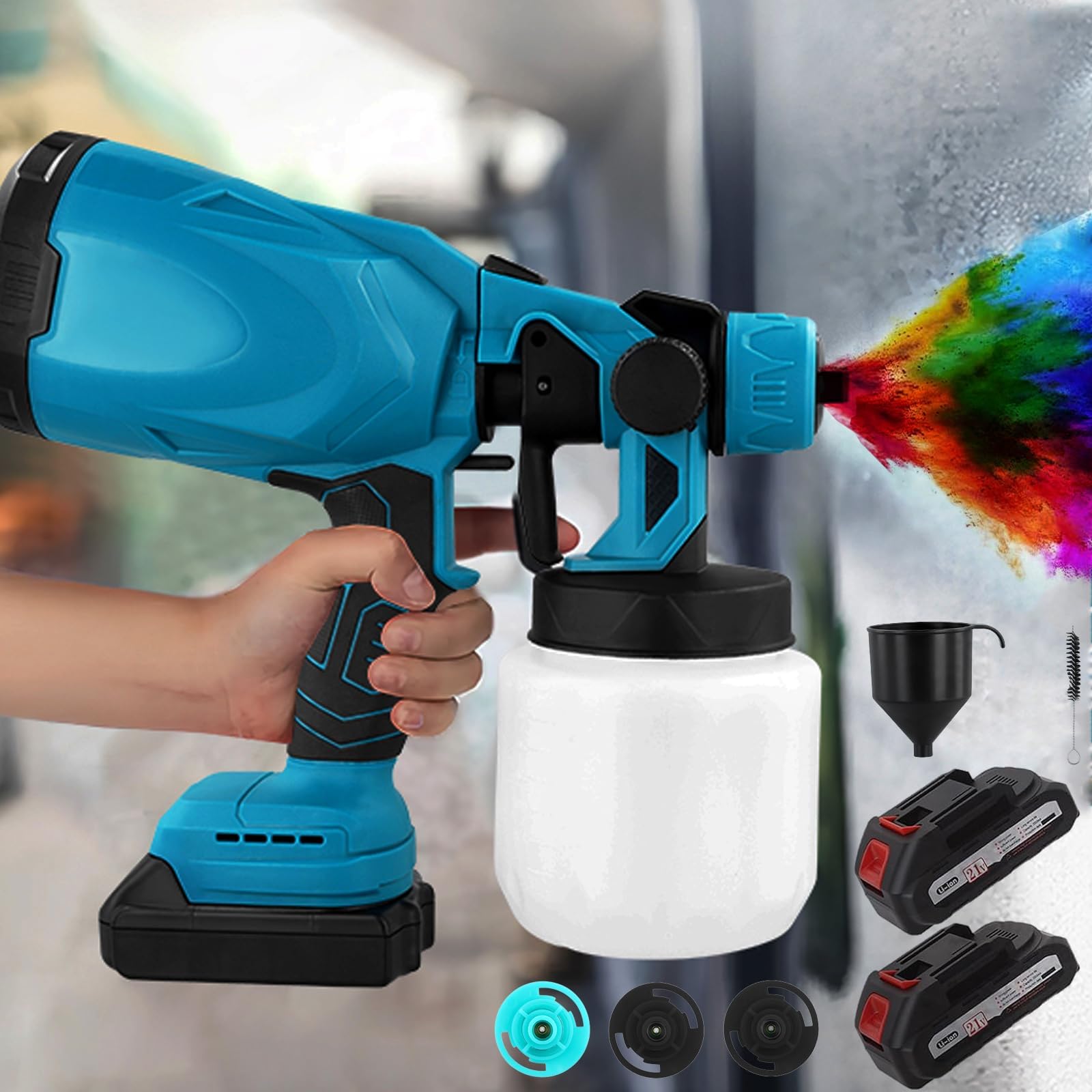 Pistola de pintura inalámbrica, 2 x 2000 mAh, baterías de litio, pulverizador eléctrico, 1200 ml, HVLP, 5 boquillas, 3 modos de pulverización para casa, armarios, paredes, muebles