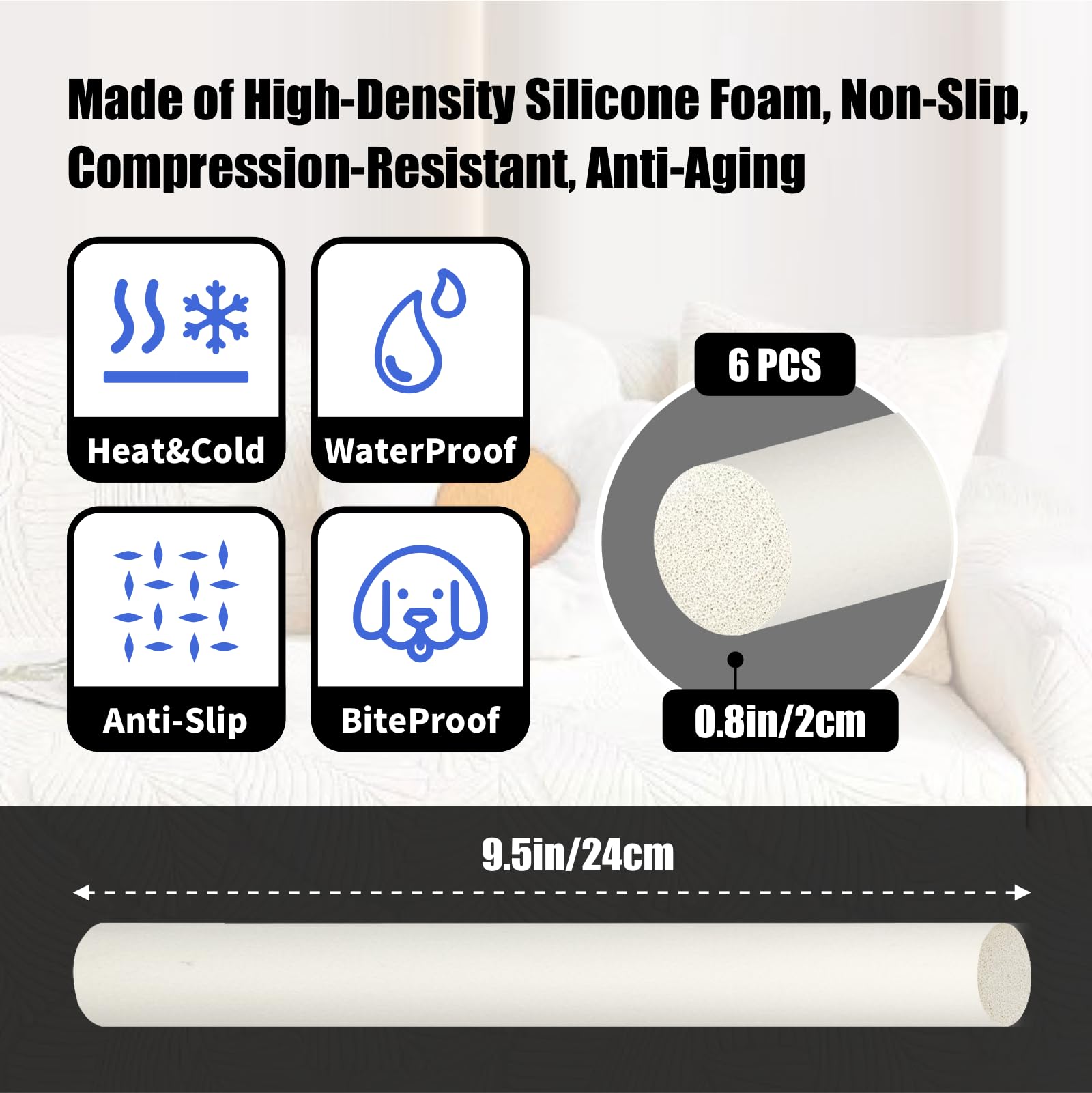 6 Pcs White Silicone Foam Strip Rods Sofa Cover Gap Filler Durable Non Deforming Sofa Slipcover Tuck Grips Slip Prevention 0.8 Inch Diameter Couch Cushion Stay Holder