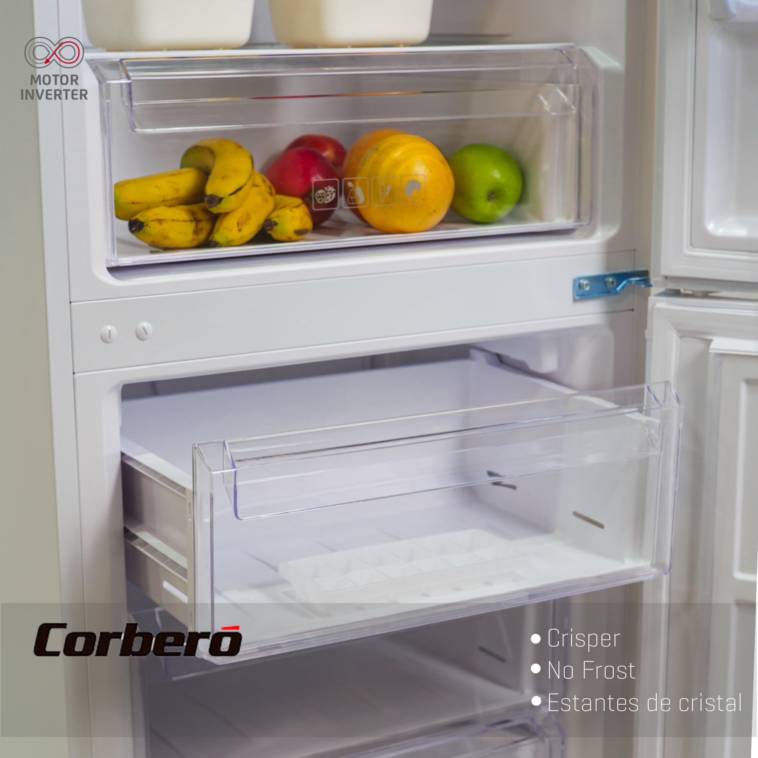 Corbero - Frigorífico Combi | CCH324EW | No Frost | 293L | 186 cm | Cajón Crisper | Estantes de cristal ajustables | Hueveras y Cubiteras | Luz Led | Blanco - 3