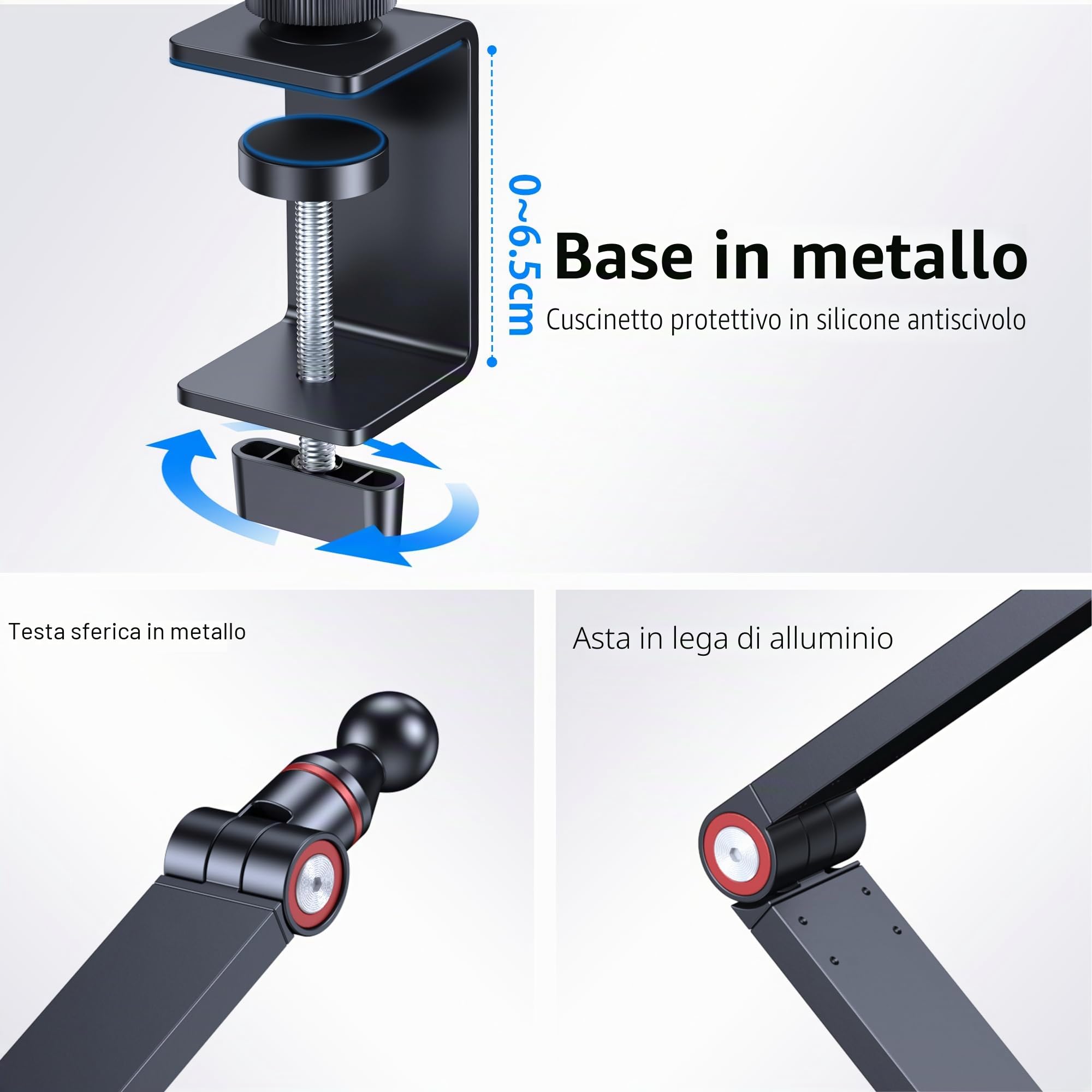 Supporto per tablet, supporto per iPad in alluminio per scrivania, braccio regolabile con base girevole a 360°, compatibile con iPad Pro/Air/Mini, iPhone, Kindle, Fire HD da 4,7 a 13 pollici