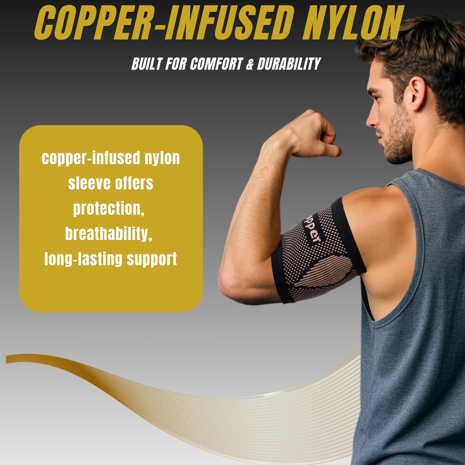 kyopyno Bicep Compression Sleeve,Bicep Brace 1 Pair,Copper Infused Arm Support for Weightlifting,Muscle Recovery, Pain Relief,Upper Arm Brace for Men and Women (Gold-Black, Medium)