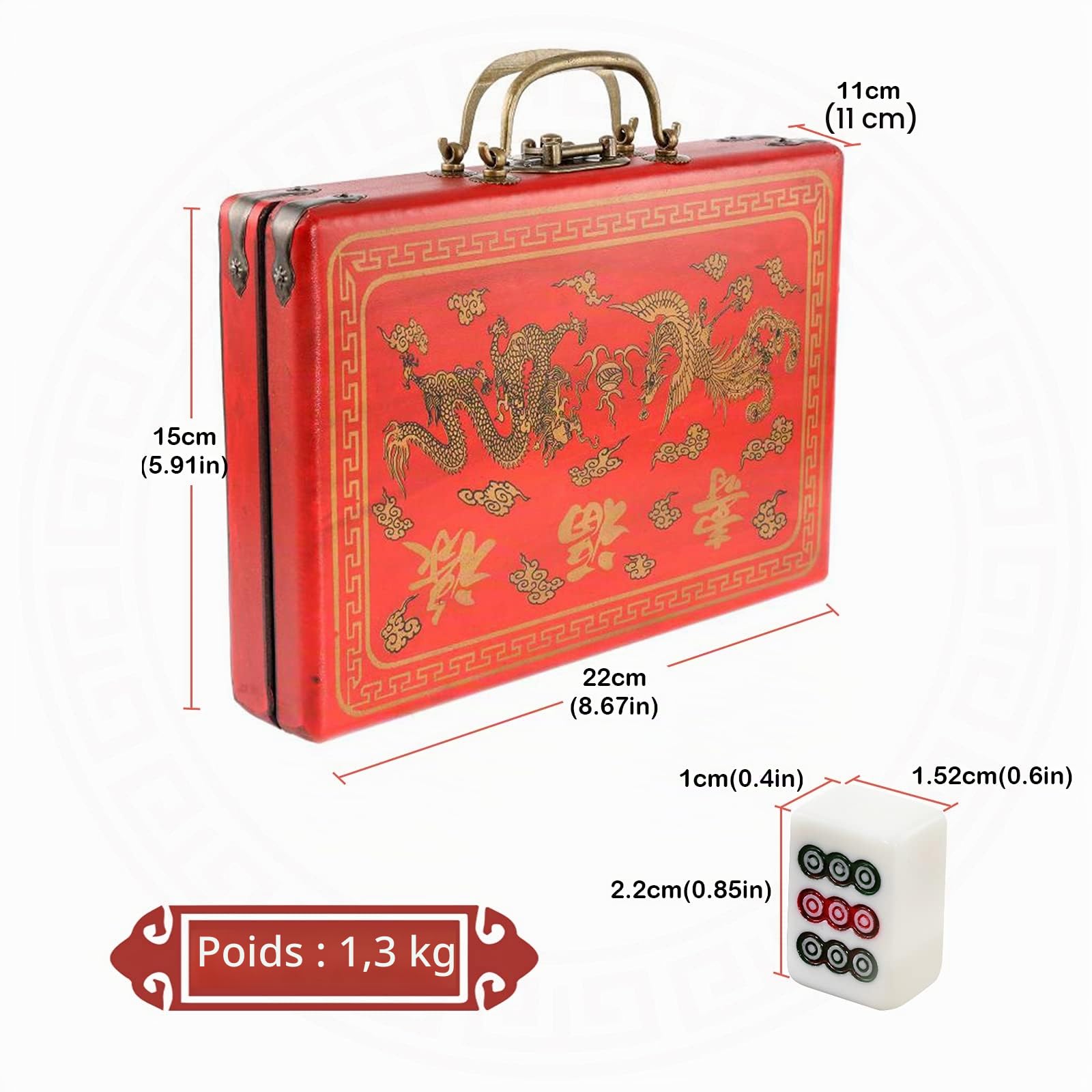 Dyna-Living Jeu de Mahjong chinois, structure solide, facile à lire, lot de 144 carreaux de Mahjong, 2 dés et étui de transport en cuir, les fêtes, les jeux familiaux