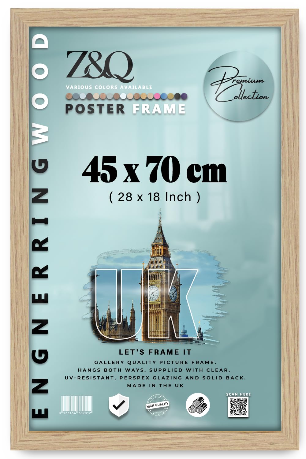 Z&Q - Rectangle MDF (45 x 70 CM) Picture Frame | For Wall Décor 28 x 18 Inch Frame with Wood Finish for Home Decor [ Oak ]