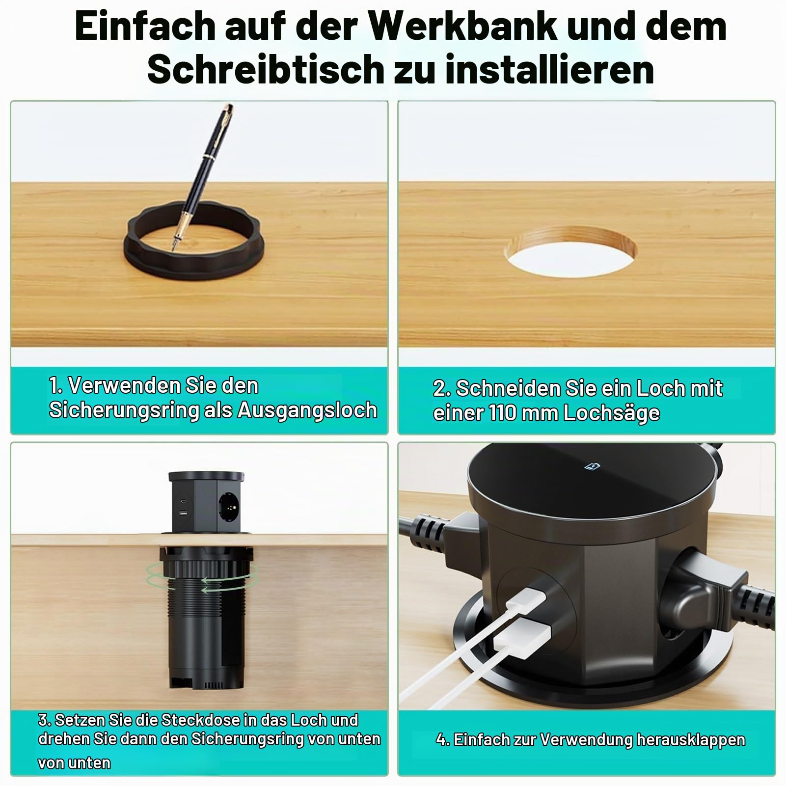 DEWIN Versenkbare Steckdose, Tischsteckdose 3 Fach Steckdosenleiste mit USB C, Kabellosem Ladegerät 15W und 1,5m Kabel Schwarz